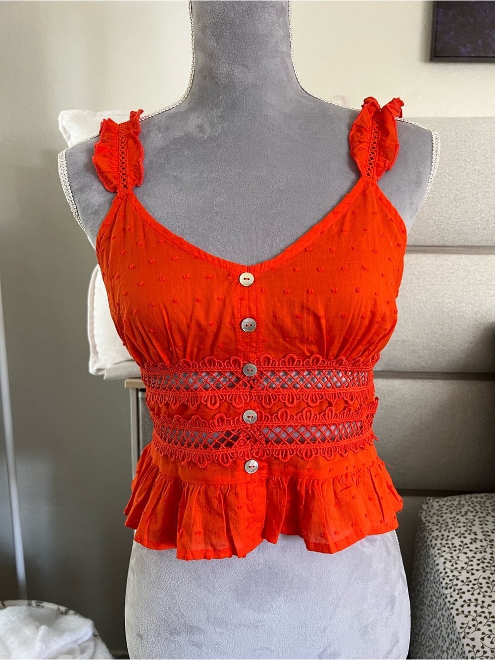 Orange Lace-Trim Button Front Crop Tank Top